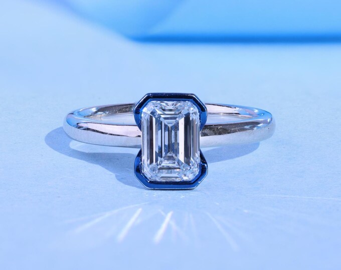 14K Gold Emerald Cut IGI Certified Lab Grown Diamond Engagement Ring, Blue Bezel Setting   , Promise Ring, Wedding Ring, Mothers Day Gift,