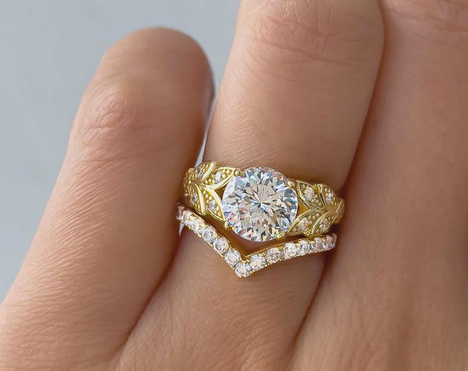 1.00Ct Vintage Round Cut Lab Diamond Engagement Ring Set, Women Round Diamond Leaf Wedding Ring Set, Nature Inspired Wedding Ring Set.