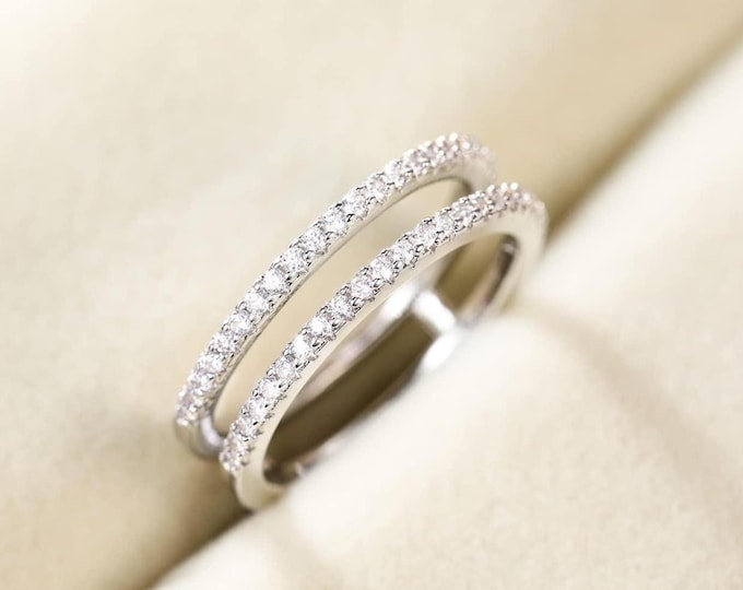 Lab Grown Diamond Half Eternity Ring enhancer 14K White gold Stacking Double band Engagement Ring Bridal Matching ,2 Row Promise Ring