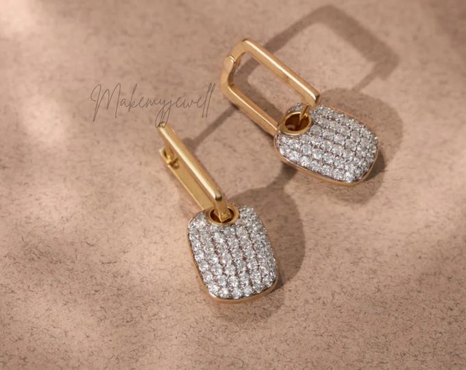 Gold Dangle Earrings with Pave Lab Grown Diamonds , Modern Cushion Drop Earrings for Women , Lab Grown Diamond Earrings ,