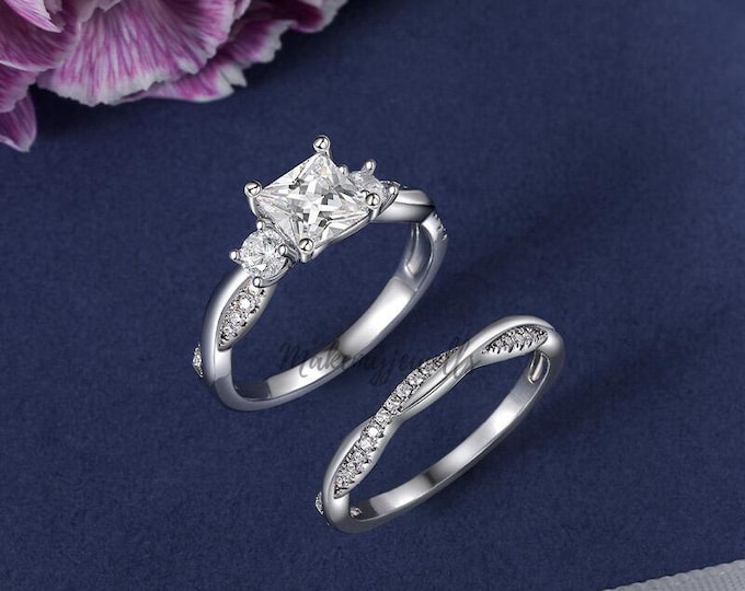 Princess Cut Lab Diamond Bridal Ring Set , Twisted Band Engagement & Wedding Ring Set , Wedding Jewelry for Her