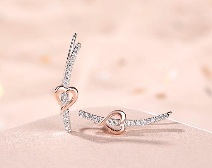 Rose Gold Heart Threader Earrings , Sterling Silver Diamond Curve Drop , Dainty Infinity Love Earrings , Romantic Gift for Her