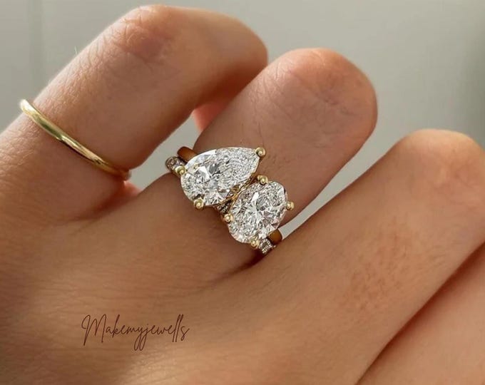 Toi Et Moi Pear And Oval Cut Lab Grown Diamond Engagement Ring, Two Stone Wedding Ring, Double Stone Anniversary Proposal Ring Promise Ring