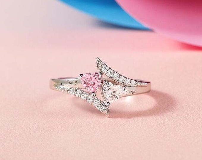 Double Heart Lab diamond  Promise Ring, You and me Ring, 14kGold Wedding Ring, Gift For Her, Girlfriend, Mom/Mother Birthday,Christmas Gifts