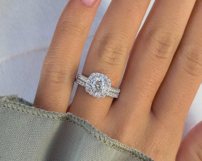 Round Lab Grown Diamond Ring Halo Engagement Ring Double Row Pave Set Wedding Ring Round Diamond Anniversary Ring for Wife, Wide band
