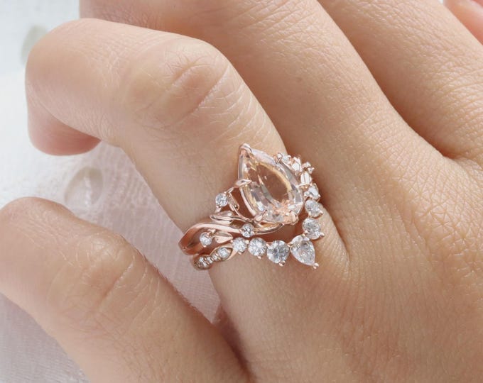 Pear Lab Grown Engagement Ring Rose Gold , Floral Leaf Design , Diamond Accents , Unique Nature-Inspired Bridal Ring , 2.00CT pear Ring