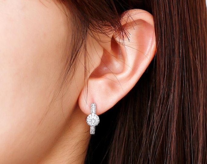 Halo Huggie Hoop Earrings , Sterling Silver Round CZ Earrings , Elegant Sparkly Hoop Studs , Bridal Jewelry Gift for Her , Round Cut Diamond