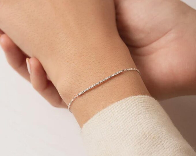 14k Gold Dainty lab Diamond Bracelet, Mini Diamond Bar Bracelet, Diamond Charm Bracelet, White, Yellow, Rose Gold, Minimalist Bracelet