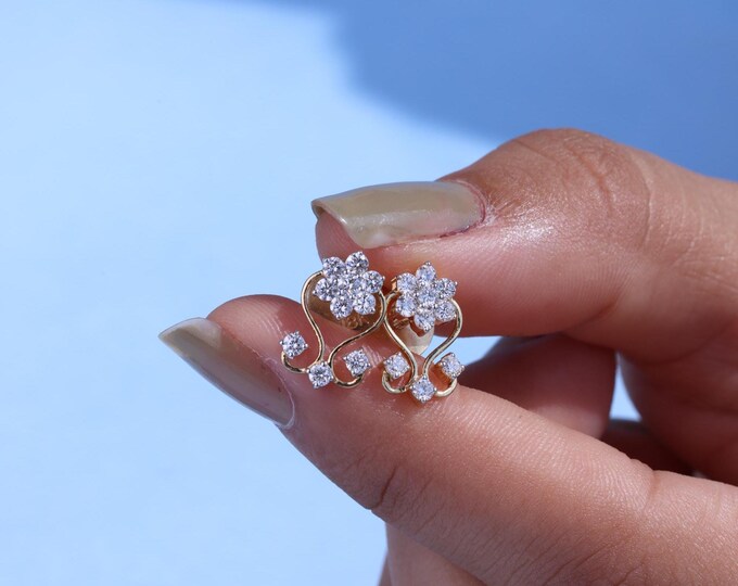 Cluster Lab  Diamond Earrings, Cluster Wedding Earrings Gift for Women, Flower Stud Earrings, Cluster Drop Earrings Gift for Her
