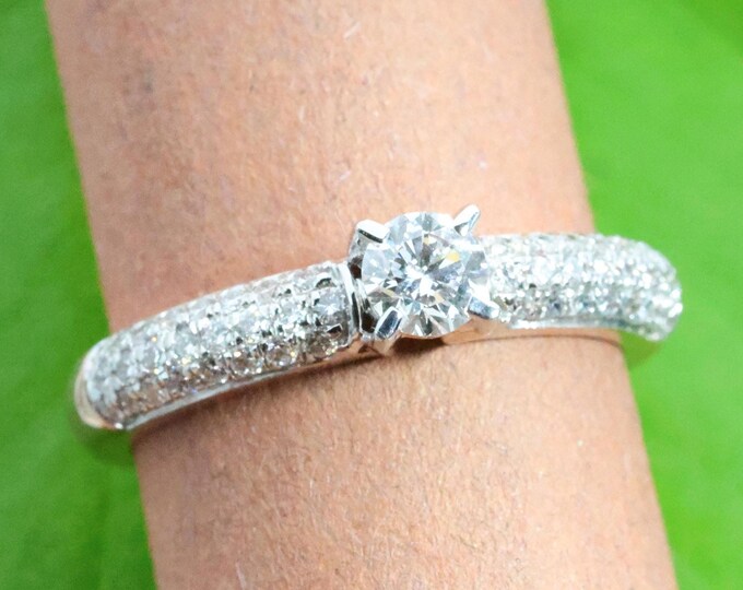 Round Cut Lab Diamond Engagement Ring , Pavé Band Solitaire Ring , 14K White Gold Promise Ring for Her , The Sparkling Beauty Ring