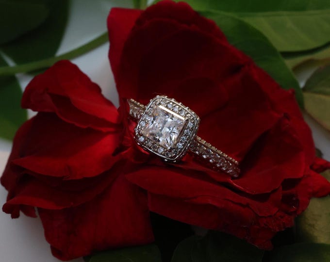 Princess Lab Grown Diamond Ring, Classic Halo Wedding Ring, Hidden Halo Bridal Ring, 14K White Gold Engagement Ring, Pave Wedding Ring