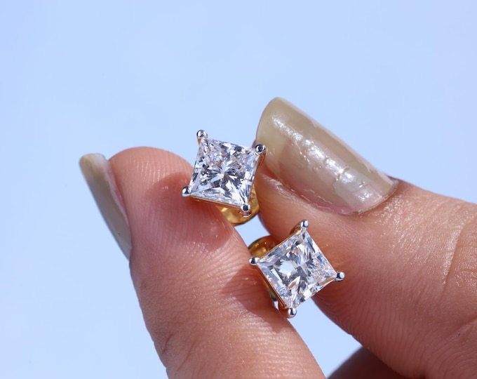 14K Gold Princess Cut Lab Diamond Stud Earrings, Square Diamond Studs, Minimalist Jewelry , Women's Earring, Perfect Matching Stud