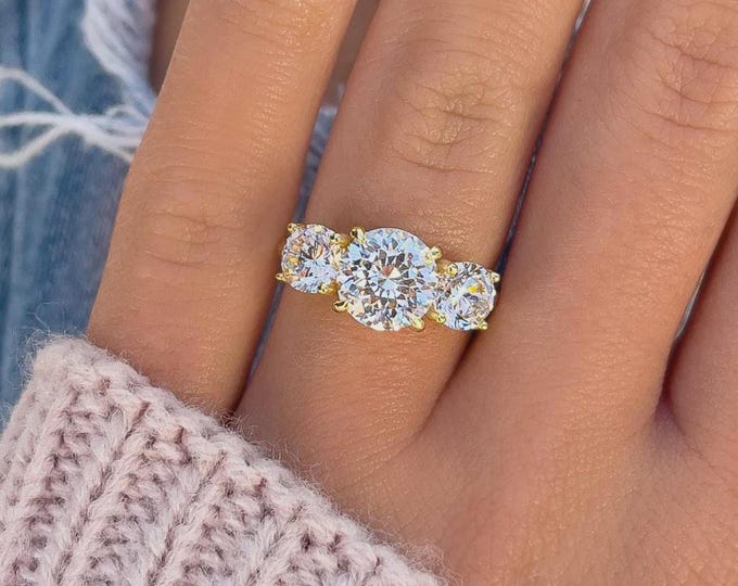 Vintage Trilogy Lab Diamond Ring • Round Diamond Engagement Ring • Unique & Beautiful 3-Stone Gold Ring • Top Quality High End Jewelry