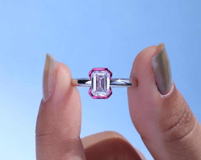 14K Gold Emerald Cut IGI Certified Lab Grown Diamond Engagement Ring, purple Bezel Setting   , Promise Ring, Wedding Ring,Mothers Day Gift,