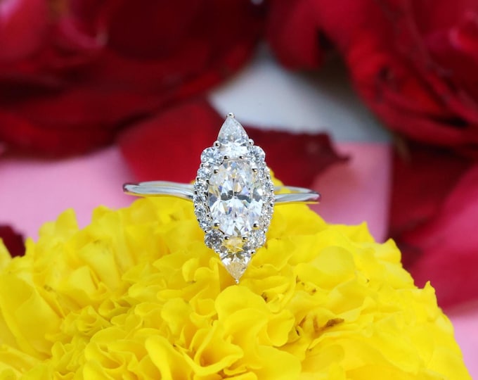 Oval Lab Grownn  diamond with Marquise illusion , round and Pear Lab Diamond ring, oval diamond engagement ring, Oval halo  ring gift