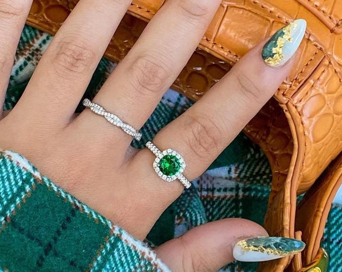 Lab Diamond Round Emerald Ring 14K Gold, Birthstone Ring With Diamonds Around,Cluster Ring,Perfect Gift for Mother's Day - Girlfriend - Wife