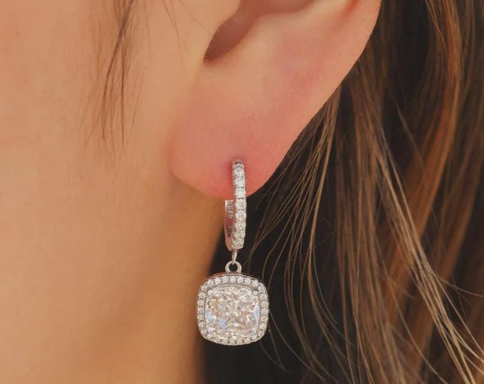 Cushion Cut Drop Earrings , Sterling Silver Halo Dangle Earrings , Sparkling CZ Wedding Jewelry , Elegant Gift for Her , 2CT Diamond Cut