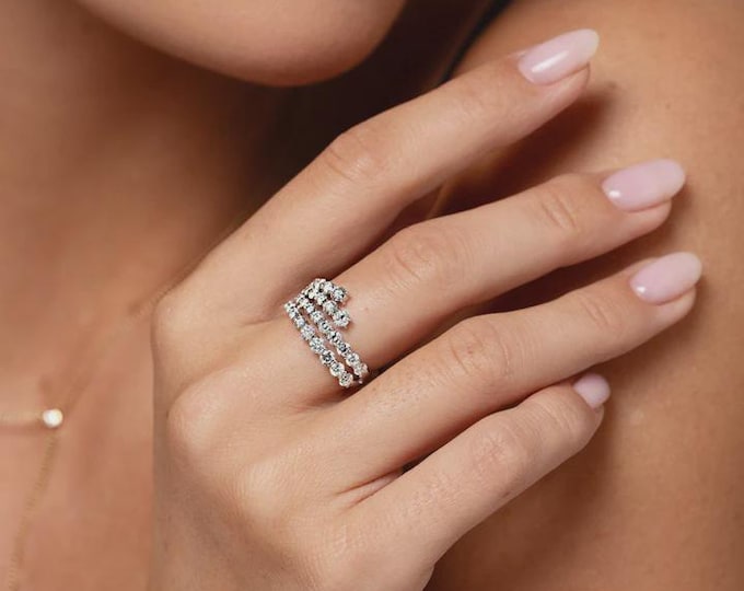 Round cut Lab diamonds set in rows to fan across the finger, Fanned Diamond Statement Ring, Unique Ring, 14k Half & Eternity Wedding band