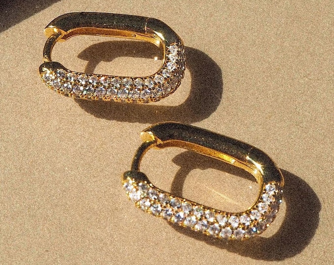 Gold Paved Link Hoop Earrings • Lab Diamond Hoops • 14K Gold Huggie Hoop Earrings • Minimalist Earrings • Gift For Mom •Dainty Earrings