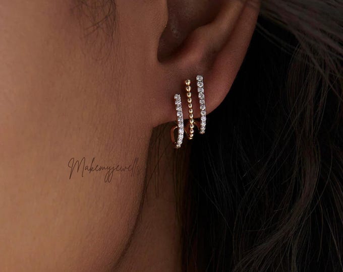 Round Cut Lab Grown Diamond Hoop  Earrings, Hoop Pave Setting ,Three Row Diamond Earrings, 14K Yellow Gold Huggie Hoop Earrings For Women
