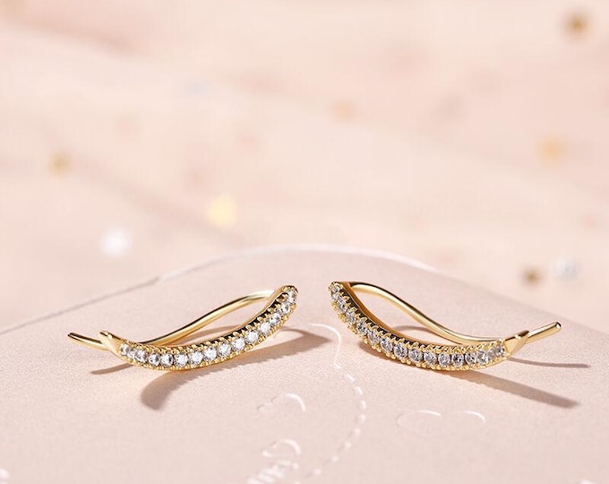 Lab Diamond  Crawler Earrings in 14k Gold , Silver or Gold, Crystal Ear Crawlers, Ear Climbers, Tiny Diamonds Ear Climbers, crawl Earring
