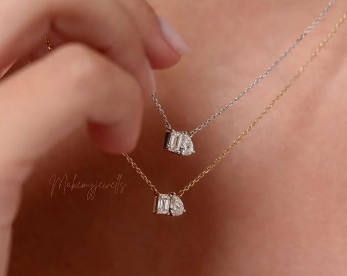 14k Gold Toi et Moi Necklace with  Lab-Grown Diamonds | Elegant Minimalist Jewelry for Everyday Wear | Mother's Day Gift| Gift For Her