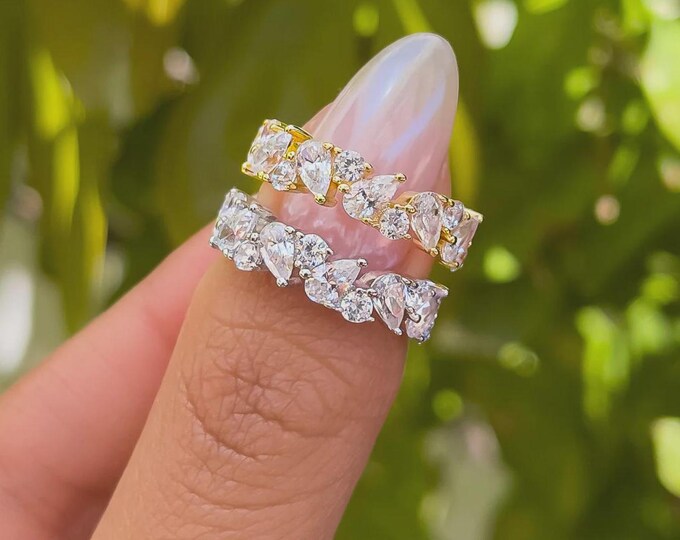 Pear and Round Lab Diamond  Band Half Eternity Band Pear Diamond Ring 14K Gold Matching Band Bridal Anniversary Band Dainty Stackable Ring