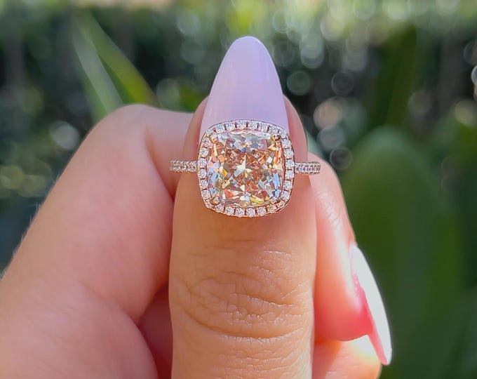 Cushion Cut  Engagement Ring • Rose Gold Halo Ring • Bold Statement Ring • Sparkling Pink Peach Bridal Ring , 3CT Diamond Ring