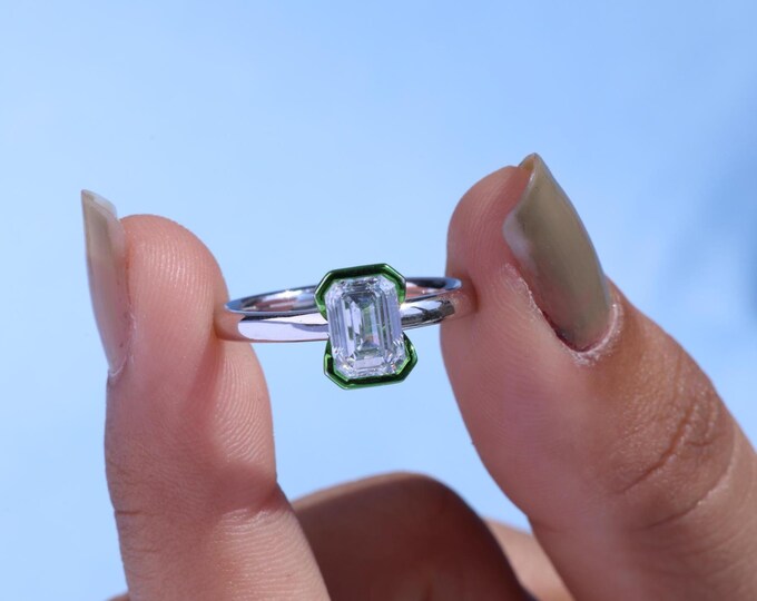 14K Gold Emerald Cut IGI Certified Lab Grown Diamond Engagement Ring, Green Bezel Setting   , Promise Ring, Wedding Ring,Mothers Day Gift,