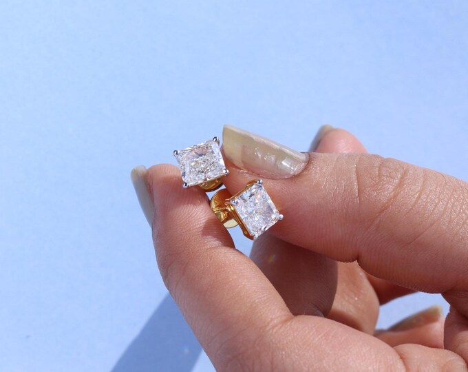 Minimalist Radiant Cut Lab Diamond Stud Earrings 14k Gold Simulated Diamond Tiny Studs Elegant Bridal Jewelry Anniversary Gifts For Her