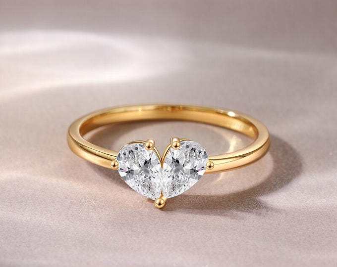 2 Stone Pear Cut Heart Shape Ring,14K Gold Plating Lab Diamond Wedding Ring, 925 Sterling Silver Ring, Diamond Engagement Ring, Gift For Her