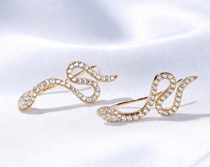 Gold Snake Ear Climber , Sparkly Serpent Crawler Earring , Dainty Crystal Snake Jewelry , Edgy Piercing Gift for Her , Yellow Gold Earrings