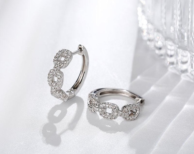 Sterling Silver Chain Link Huggie Hoop Earrings, Pave CZ Diamond Mini Hoops, Dainty Sparkly Earrings for Women, Modern Everyday Jewelry Gift
