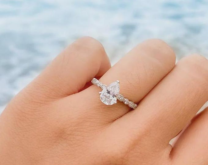 1.00CT Pear Engagement Ring / 14K Gold Promise Ring / Lab diamond  Half Eternity Ring / Side Stone Accented Ring/ Gift for her
