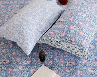 Hand Block Print Cotton Bedsheet, Handmade Bedding, King Size Bed Sheet with Pillowcases, Indian Artisan Bedding, Boho Floral Home Decor