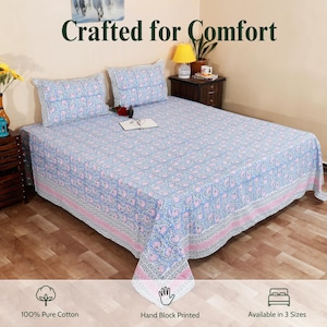 Hand Block Print Cotton Bedsheet, Handmade Bedding, King Size Bed Sheet with Pillowcases, Indian Artisan Bedding, Boho Floral Home Decor