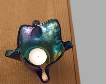 Vintage Dichroic Glass Candle Holder Abstract Free Form Iridescent Teal Blue Peacock Glass Tea Light Votive Candleholder