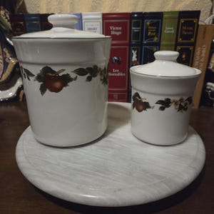 Può includere: Due barattoli in ceramica bianca con coperchi, decorati con motivi di mele e foglie, poggiano su un vassoio rotondo effetto marmo. I barattoli sono di diverse dimensioni e i coperchi hanno un piccolo pomello. Sullo sfondo una collezione di libri.