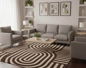 Op-Art Retro Geometric Rug | Hand-Tufted Hypnotic Brown & Beige Area Rug