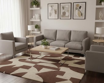 Mid-Century Modern Geometric Rug | Hand-Tufted Abstract Brown & Beige Area Rug