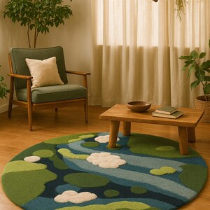 May include: A round rug with a nature-inspired design. The rug features a blue river with green banks and white cloud-like shapes. The rug is placed on a wooden floor, with a wooden coffee table and green armchair in the background.