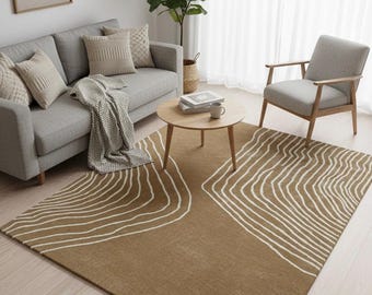 Contour Calm Mocha Brown– Minimal Line Art Hand-Tufted Wool Rug