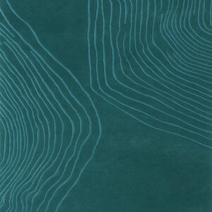 May include: Teal-colored rug with a textured design. The rug features a pattern of curved, parallel lines in a lighter shade of teal, creating a topographic effect. The design covers a large portion of the rug's surface, adding visual interest.