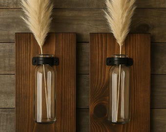 Farmhouse Wall Sconces: Rustic Wood & Glass Decor - Set of 2