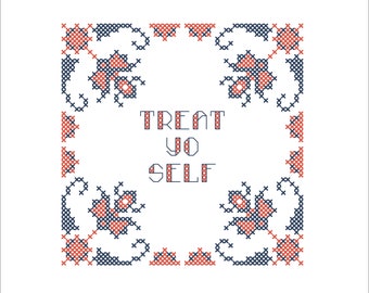 Treat Yo Self funny cross stitch pattern PDF digital download