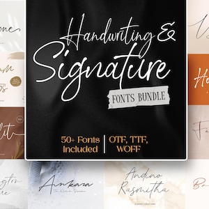 May include: A digital fonts bundle featuring the title "Handwriting & Signature Fonts Bundle" in white script on a black backdrop. The image showcases diverse font styles, with the text "50+ Fonts Included" and font file types.