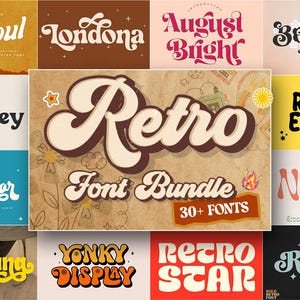 Könnte beinhalten: Eine digitale Sammlung von Typografie-Stilen mit dem Text Retro Font Bundle 30+ Fonts. Die Anzeige umfasst verschiedene farbige Hintergründe mit unterschiedlichen Schriftzügen wie Bigsoul, Londona, August Bright, Bonello, The Journey, Retro Emoje, Headinor, Naskie, Bresting, Yonky Display, Retro Star und Retro Pica.