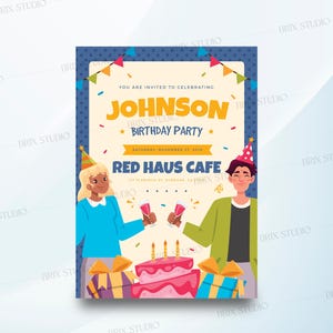 Fête d'anniversaire Johnson, modèle de carte de fête d'anniversaire plate, carte d'anniversaire à imprimer, carte d'anniversaire maison, faire-part numérique, faire-part d'anniversaire