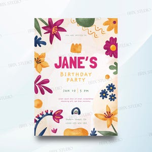 Cartão de aniversário floral, convite de aniversário com flores silvestres, convite para festa no jardim, aniversário de mulher floral, convite para o dia das mães