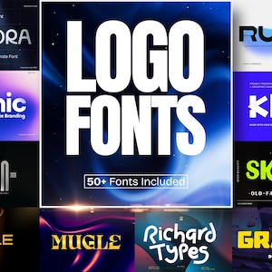 Peut inclure: Une collection numérique de polices de logo présentant divers styles typographiques dont Symora, Runex, Mythic, Klaft, Crown, Skaters, Noble, Mugle, Richard Types et Gravox. Le graphique central affiche le texte Logo Fonts avec 50+ Fonts Included.